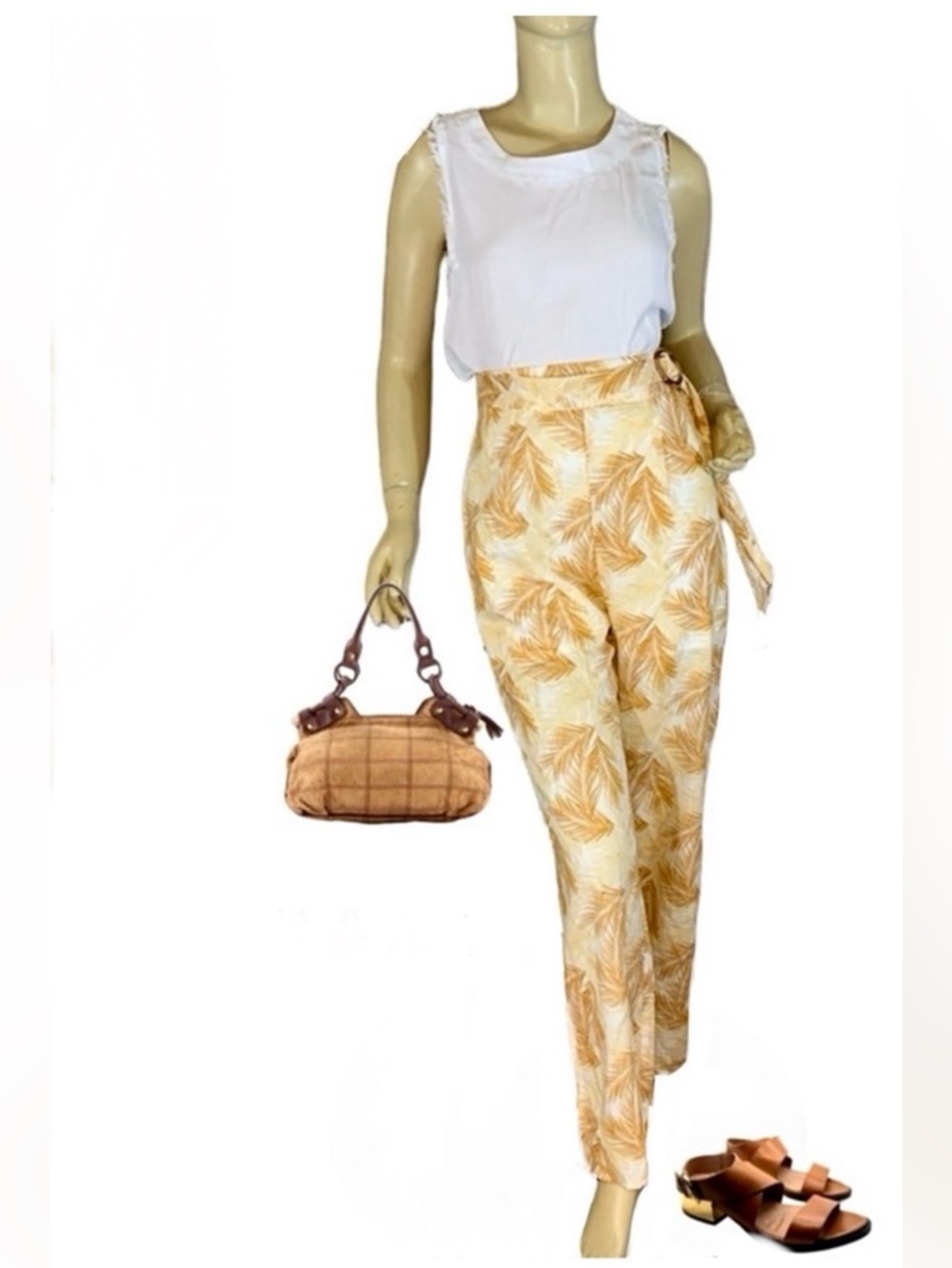 BLUE RAIN FRANCESCA'S TAN & CREAM PALM LEAF PRINT STRAIGHT LEG TROUSERS NWT (S)